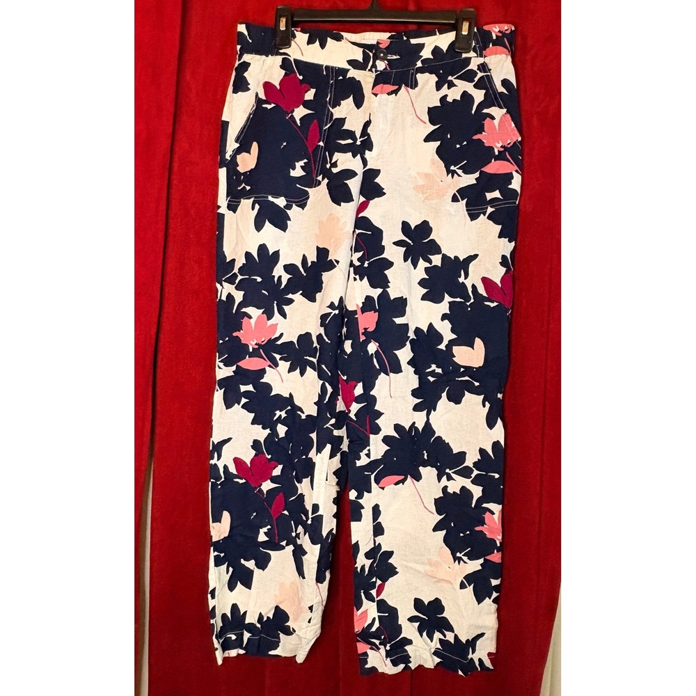 Liz Claiborne Wo Linen Blend Floral Pants Navy Blue Pink White Size M